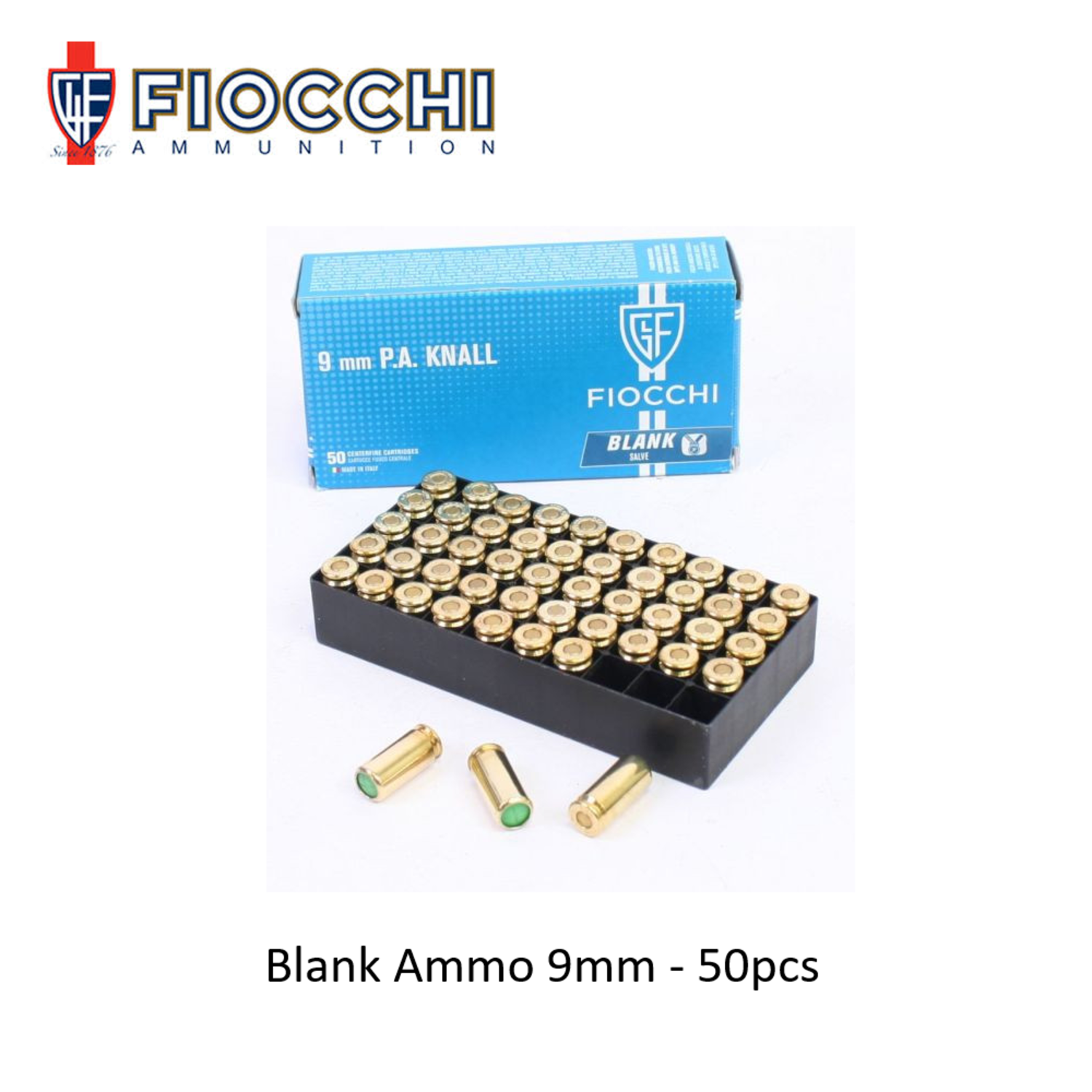 BALAS DETONADORAS FOGUEO FIOCCHI BLANK 9MM 50PCS DORADA - Imagen 2